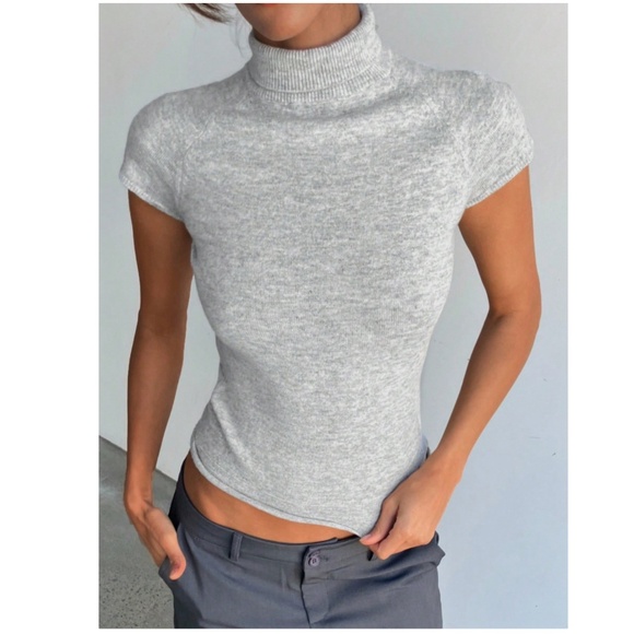 Grey Knit Sweater Top High Neck Short Sleeve - Picture 2 of 9